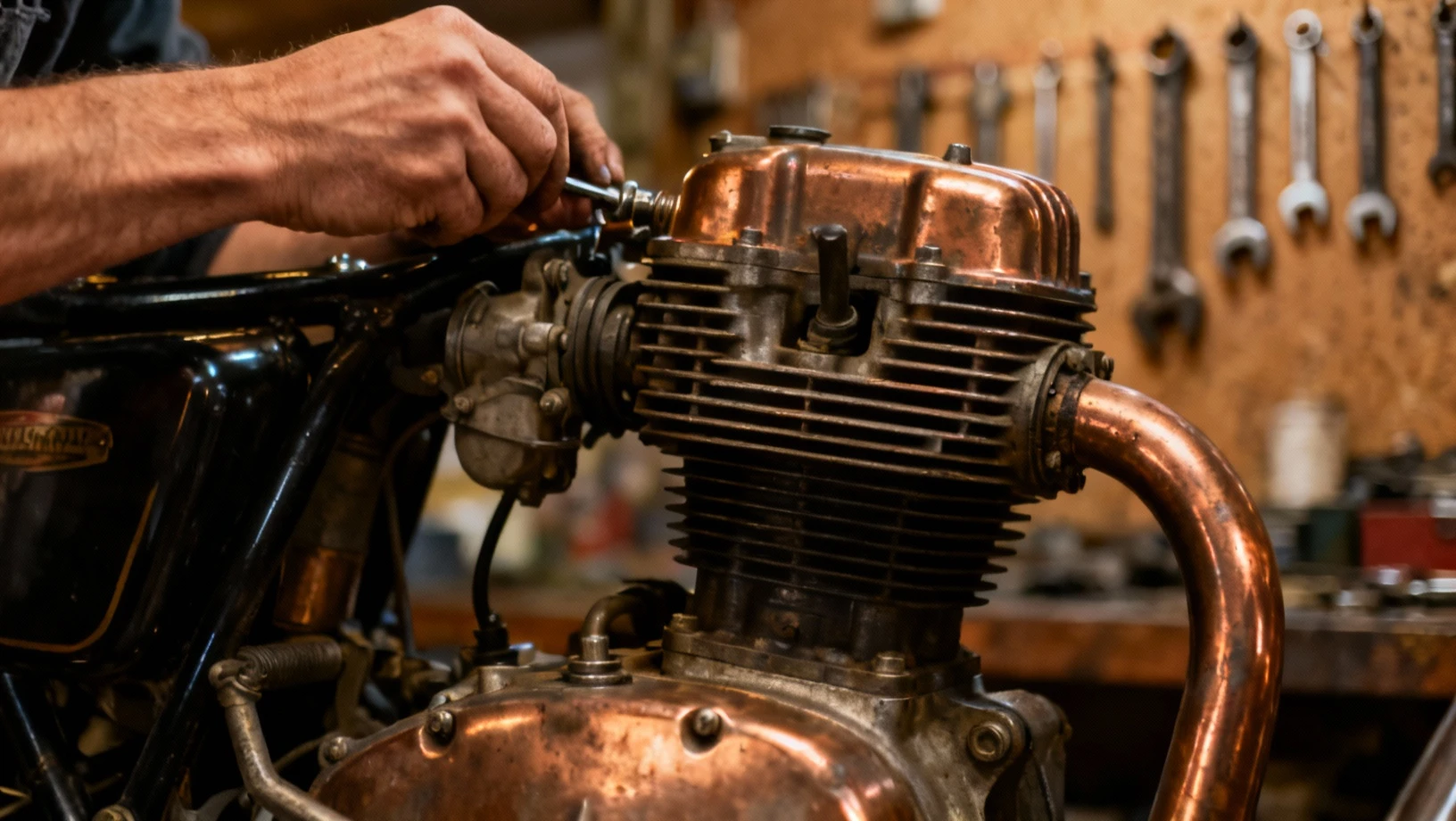 Atelier mécanique moto avec outils professionnels et pièces détachées