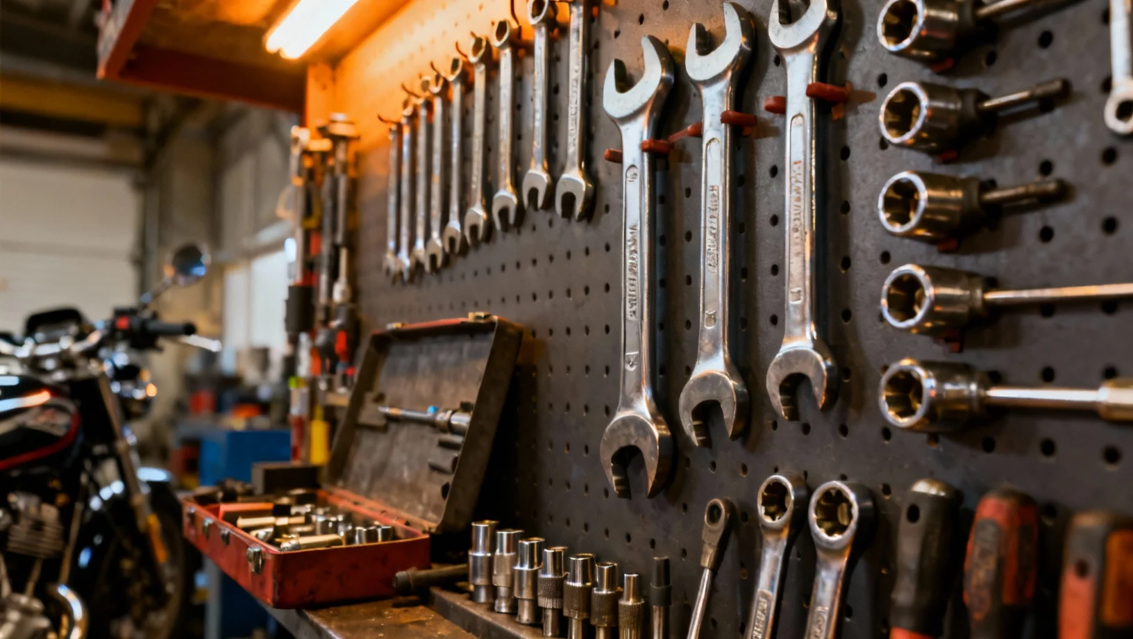 Outillage moto organisé sur panneau perforé